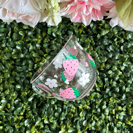 Pink Strawberry & White Flower 18oz Glass Mug