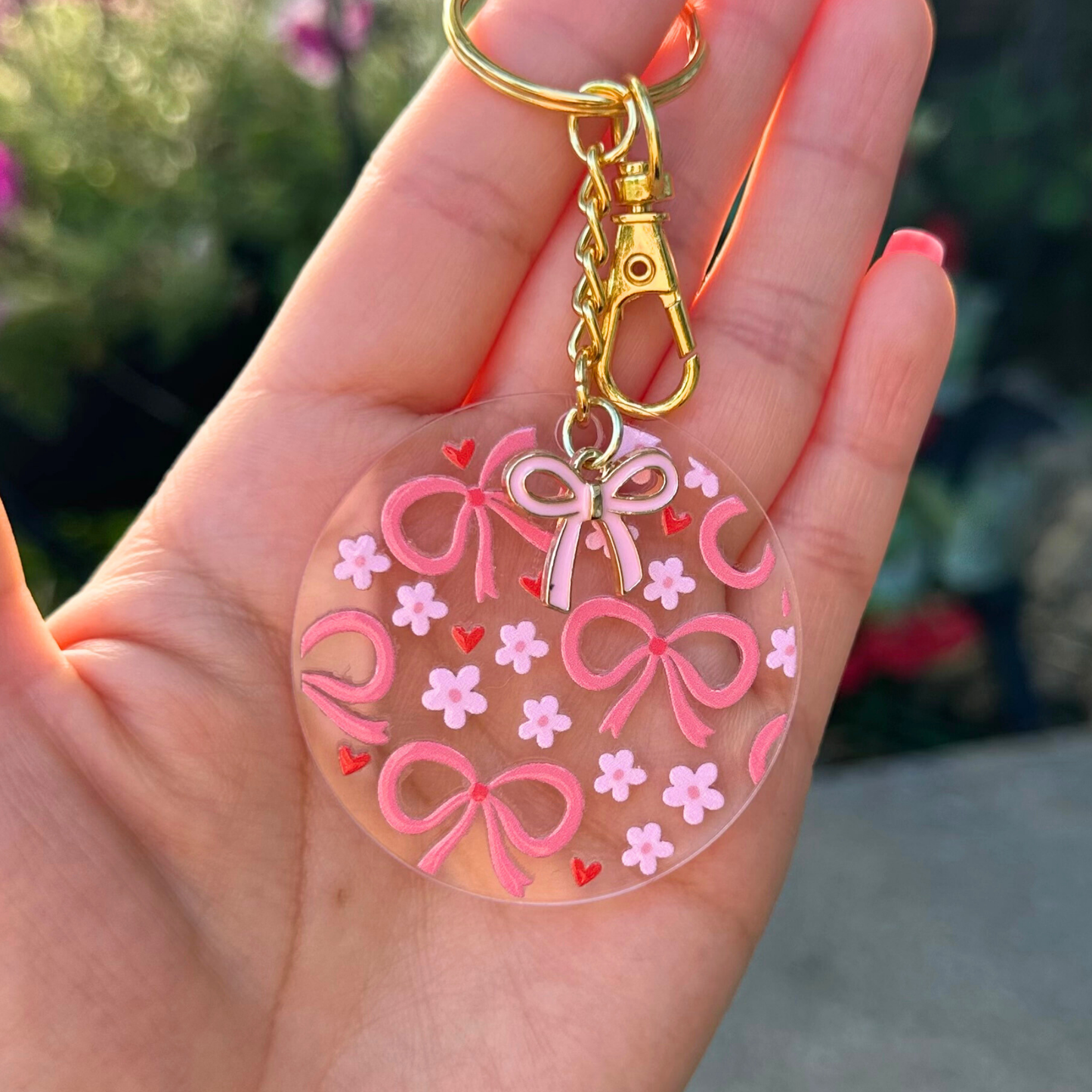 Pink Bow & Daisies Acrylic Keychain