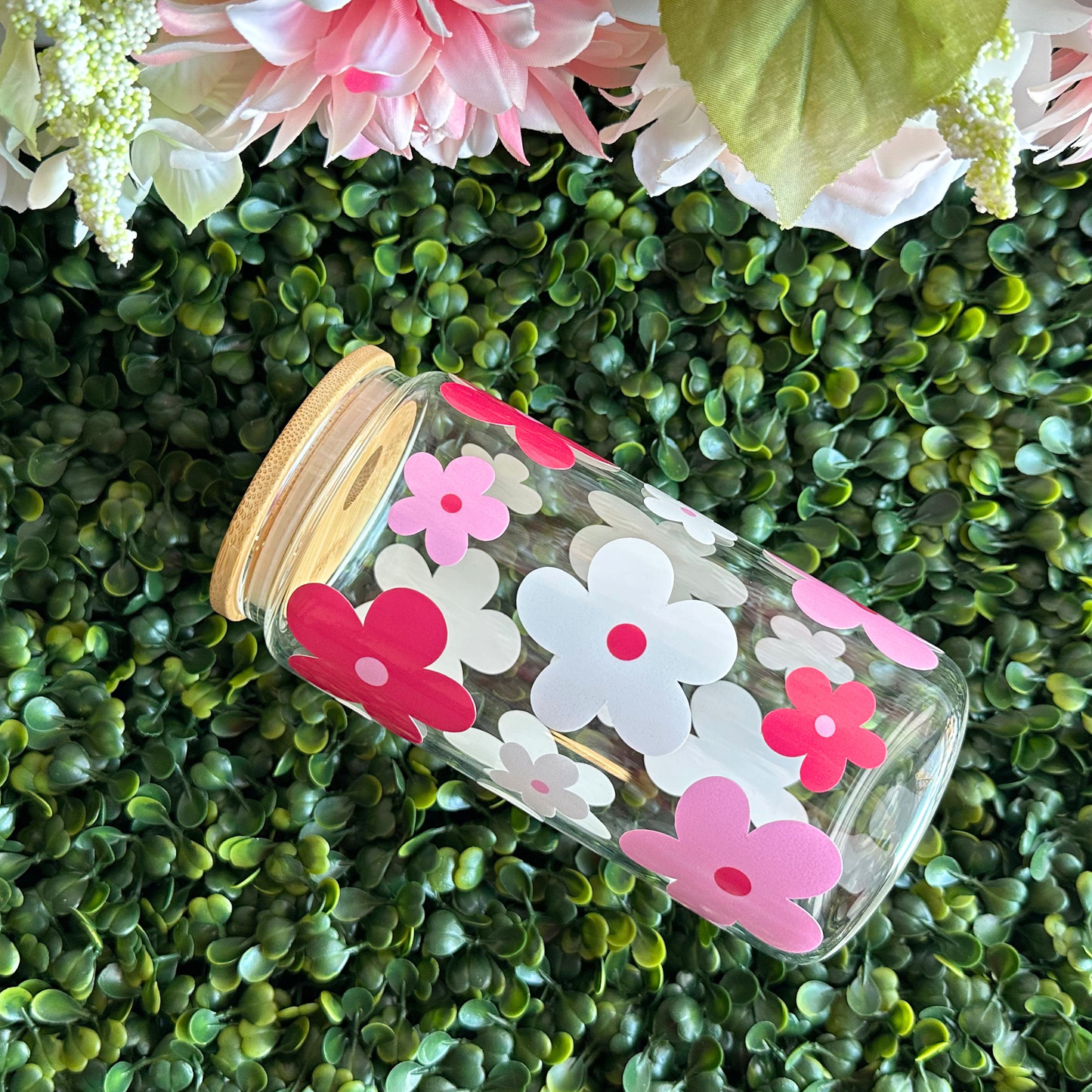 Pink Daisies 16oz Glass Cup