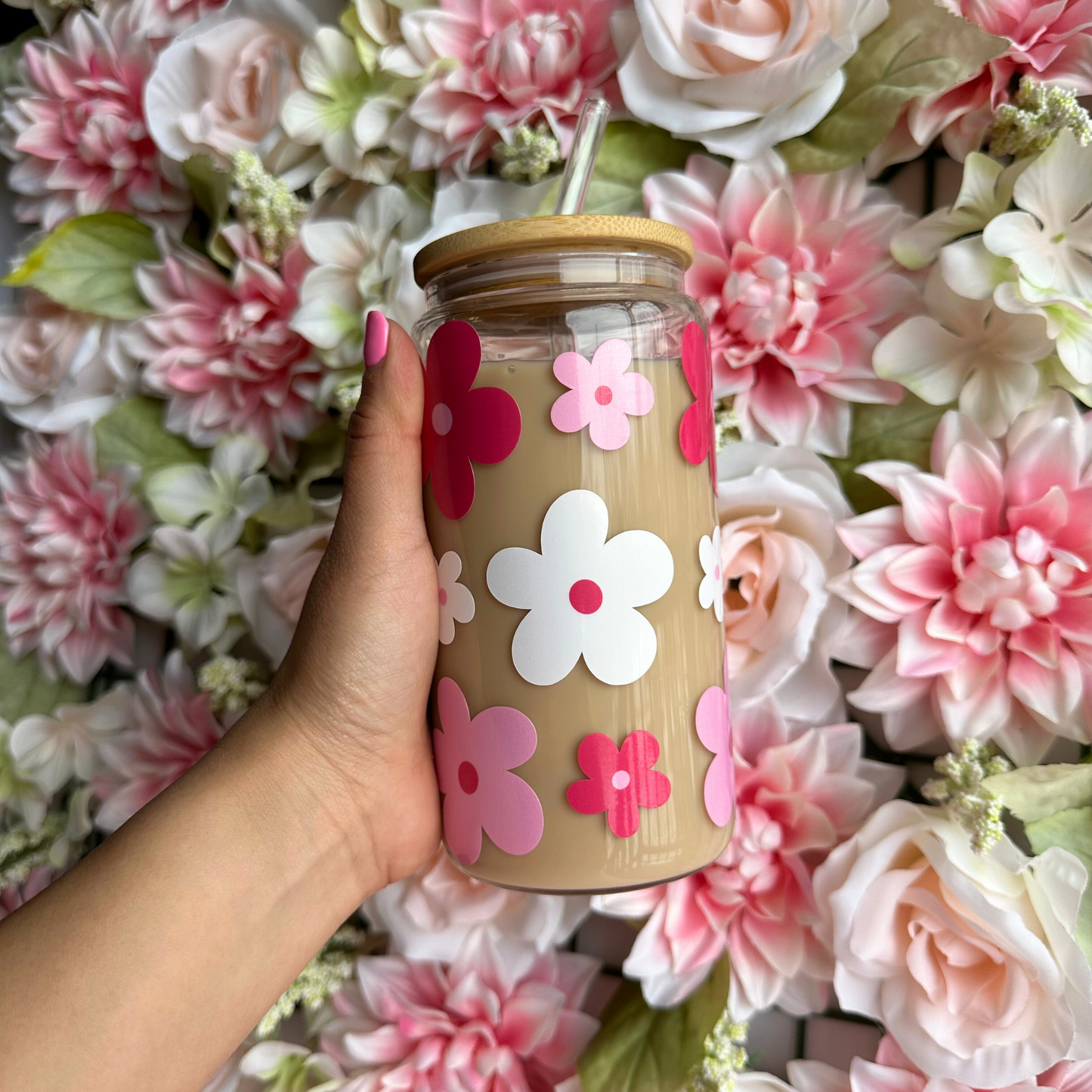 Pink Daisies 16oz Glass Cup