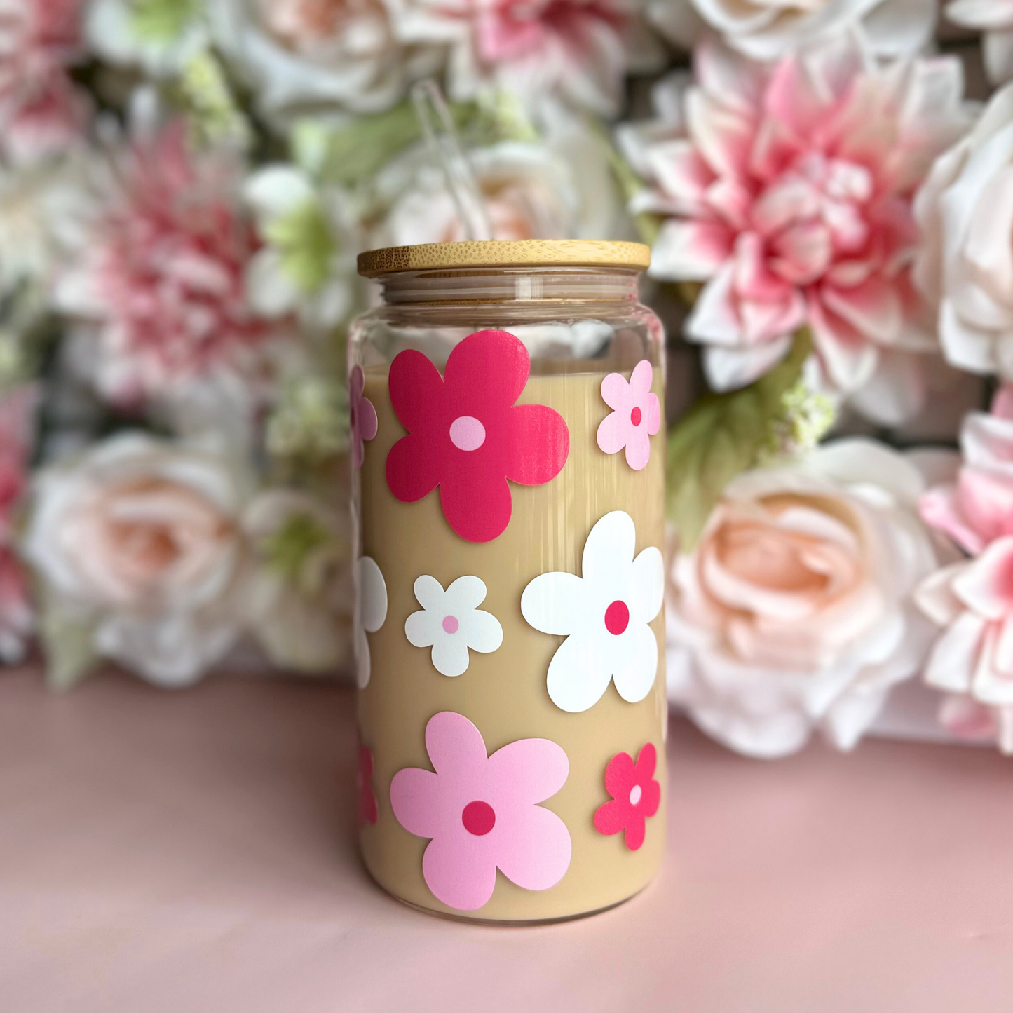 Pink Daisies 16oz Glass Cup