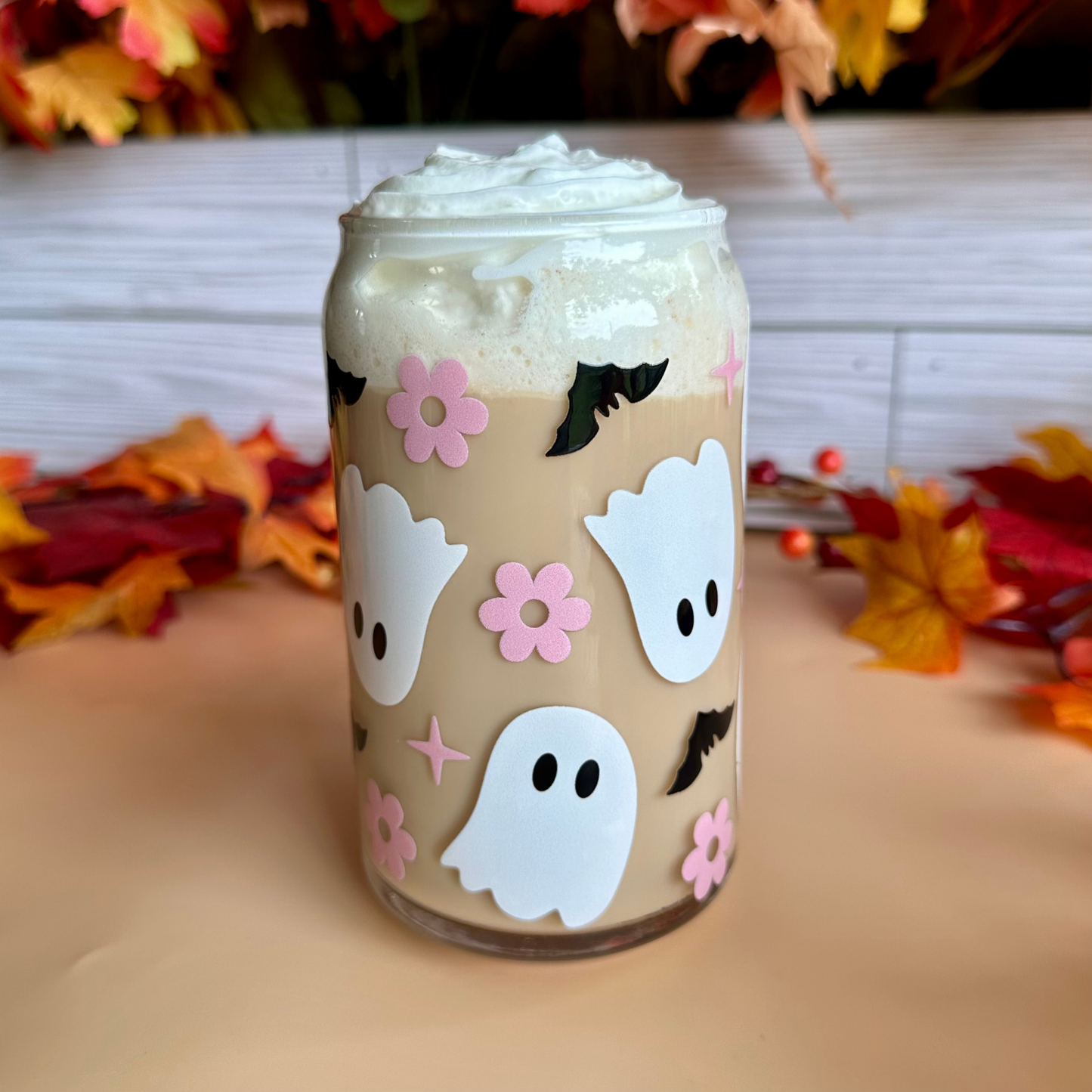 Ghosts & Pink Flowers 16oz Glass Cup