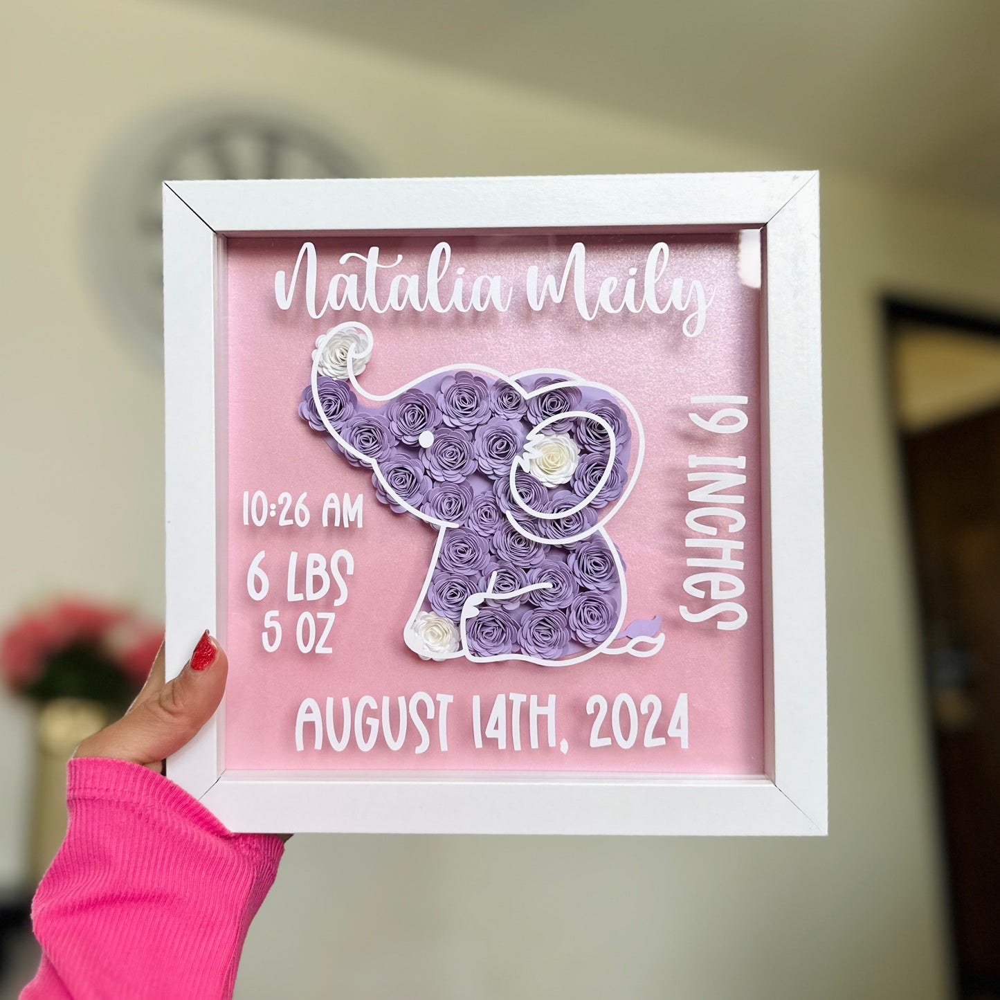 Baby Girl Elephant Birth Shadow Box