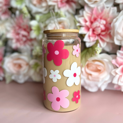 Pink Daisies 16oz Glass Cup