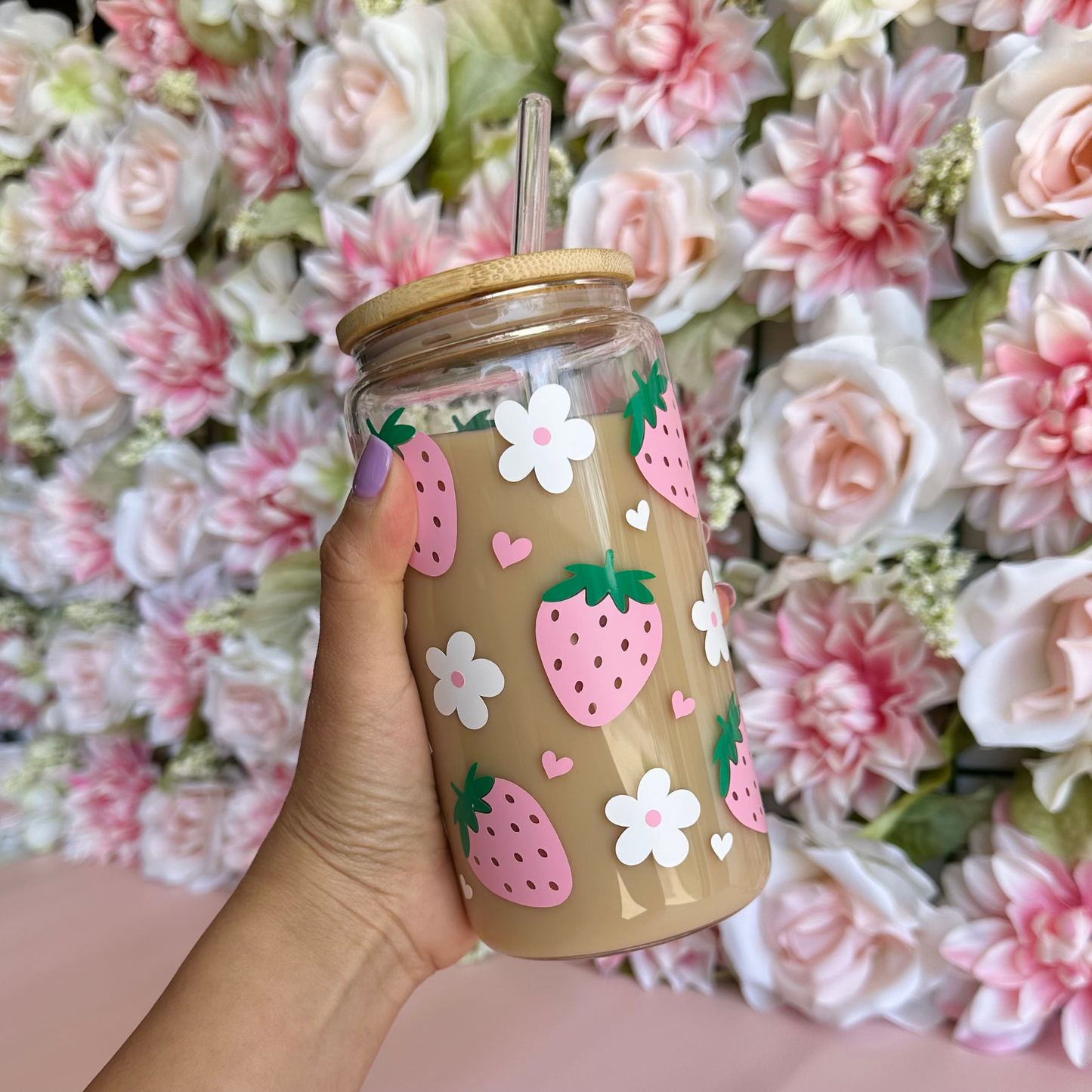 Pink Strawberry & White Flower 16oz Glass Cup