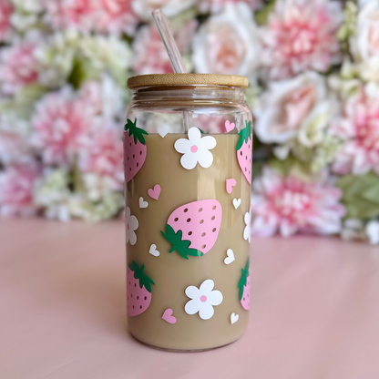 Pink Strawberry & White Flower 16oz Glass Cup
