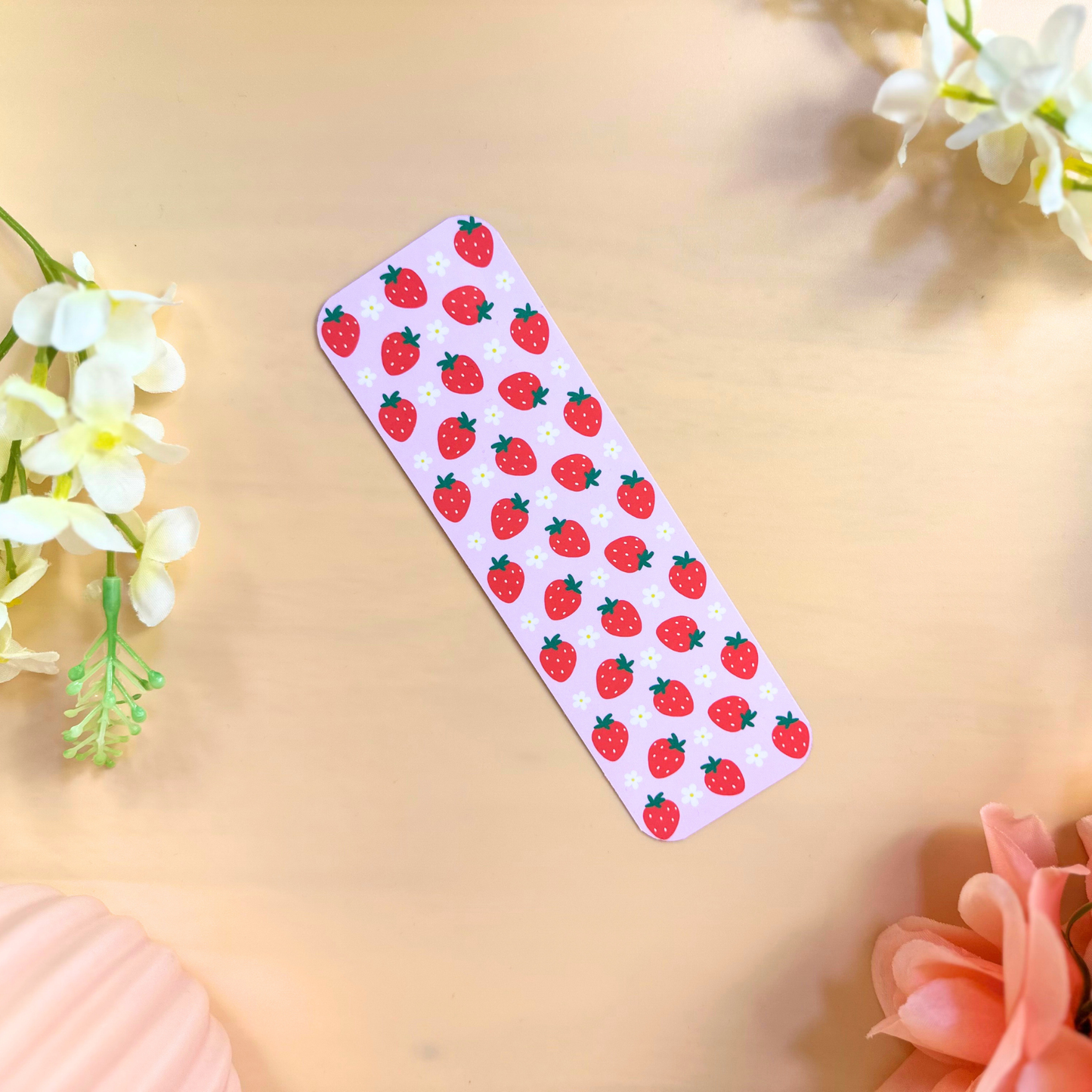 Red Strawberry & White Flower Bookmark