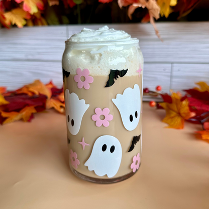 Ghosts & Pink Flowers 16oz Glass Cup