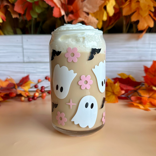 Ghosts & Pink Flowers 16oz Glass Cup